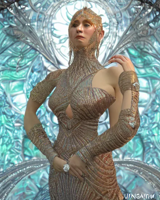 Prompt: a highly detailed metahuman 8 k close up render of sargis kudeyan renaissance in iris van herpen dress schiaparelli in diamonds crystals swarovski and jewelry iridescent in style of alphonse mucha gustav klimt trending on artstation made in unreal engine 4