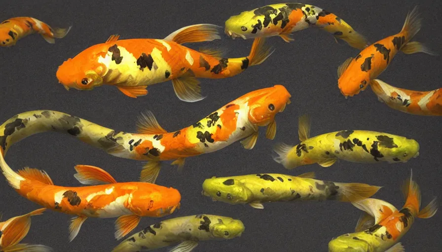 Image similar to a desolate golden glowing koi! swims in magical water with caustics and volumetric lighting, photorealistic painting