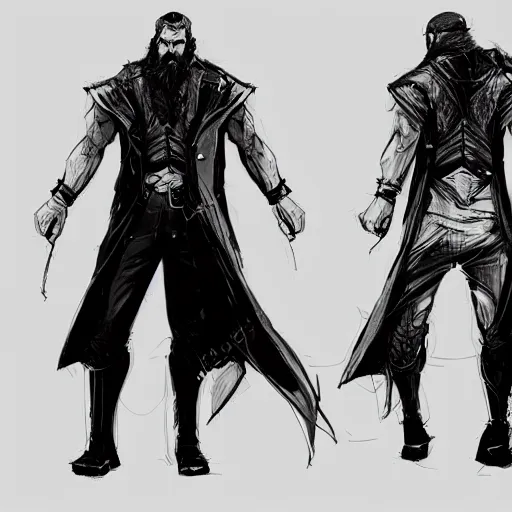 Image similar to character design sheet, concept art character, very high angle view, book cover, very attractive man with beard, walking in cyberpunk valley highly detailed full body, strong masculine features, sturdy body, command presence, royalty, smooth, sharp focus, organic, appealing, book cover, deep shadows, by borderland 3 sketch lineart for character design