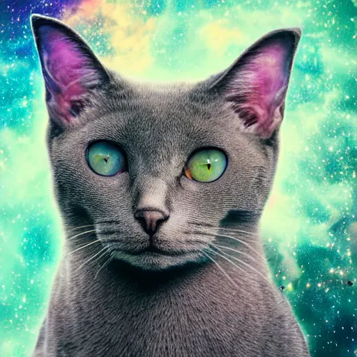 Image similar to portrait of grey cat with big green eyes in the space with nebulae, realistic painting, high definition, digital art, matte painting, very detailed, realistic