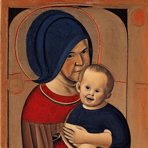 Image similar to painting of a baby that looks like benjamin netanyahu smiling while being held by his mother, by duccio