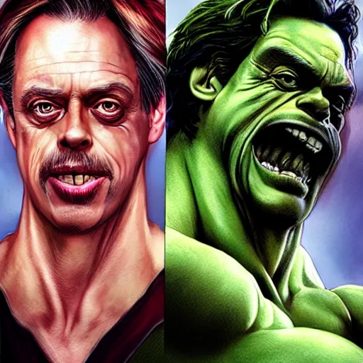 Image similar to steve buscemi as bruce banner turning into the hulk, multiple transformation phases, concept art, by artgerm and luis royo