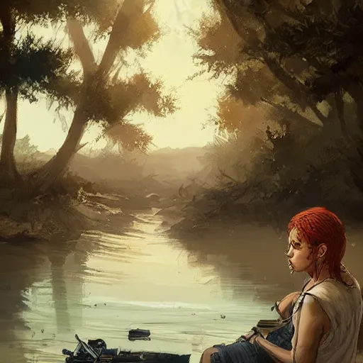 Image similar to clementine from walking dead sitting by a river with jj by greg rutkowski