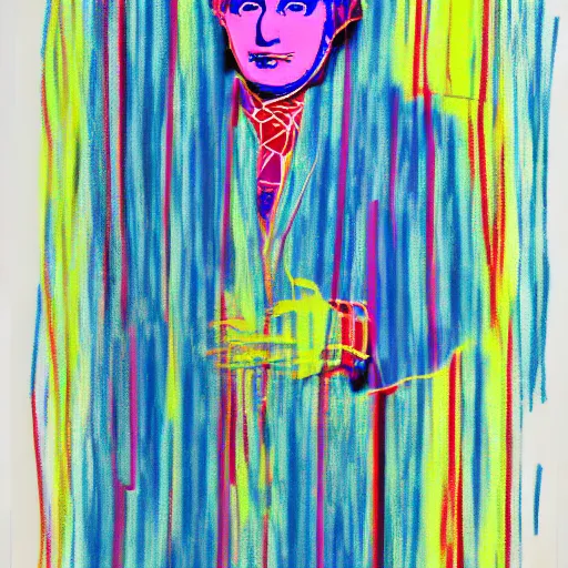 Prompt: portrait of abstract visual artificial intelligence face chromatic suit by Andy warhol and David Hockney, highly detailed