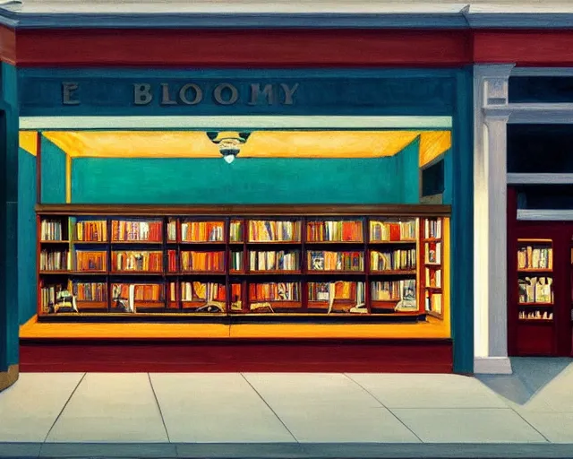 Prompt: a gloomy bookstore at night in the style of Edward Hopper