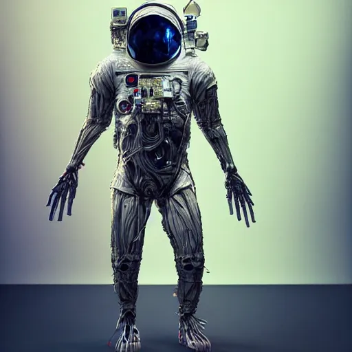 Image similar to biopunk astronaut cyborg awakening highly detailed anatomy in the style of beeple, award winning, cg society, photorealistic, hyperrealism