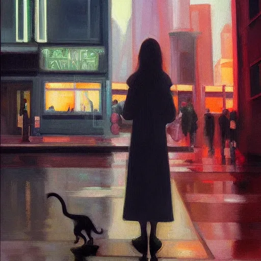 Image similar to “ a girl holding a cat in futuristic new york city, ghostpunk, heavy rain, high detail, oil painting, by edward hopper ”