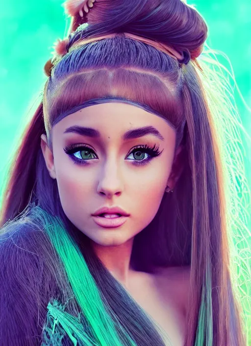 Image similar to highly detailed beautiful photo of a mix of ariana grande and madison beer as a female samurai, practising sword stances, symmetrical face, beautiful eyes, emerald - green hair, realistic anime art style, 8 k, award winning photo, pastels colours, action photography, 1 / 1 2 5 shutter speed, sunrise lighting