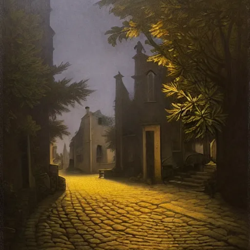 Image similar to in the style of gerald brom, caravaggio, beautiful small town, houses and buildings, 1 8 0 0 s, cobblestone roads, low light, end of day, trees, forest in the distance, light mist