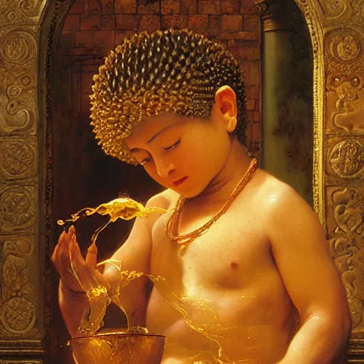 Prompt: highly cunning buddhist monk pouring liquid gold into monk kid head baroque style, painting by gaston bussiere, craig mullins, j. c. leyendecker, lights, art by ernst haeckel, john william godward, hammershøi,