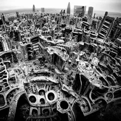 Image similar to futuristic city building out of ruins, ruined city next to new city, san francisco, drones, 2 0 3 9, daguerrotype