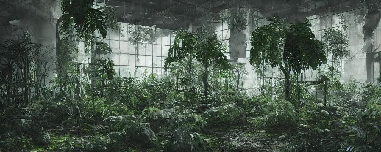 Image similar to An abandoned overgrow hazy laboratory with monstera plants, detailed, 4k, moody atmosphere,octane render, sharp focus,