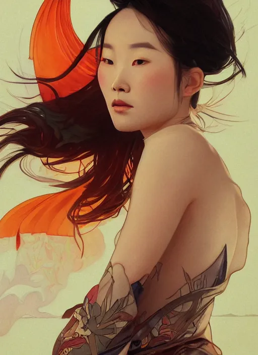 Image similar to portrait of mulan, koi fish, orange spike aura in motion, floating pieces, painted art by tsuyoshi nagano, greg rutkowski, artgerm, alphonse mucha, spike painting