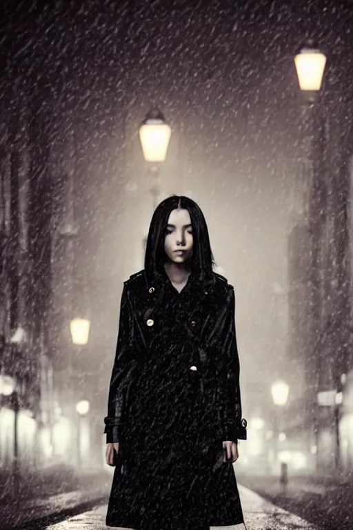 Image similar to highly detailed close-up of a beautiful girl with a very stylish trenchcoat on an empty street at night by Ilya Kuvshinov, black medium length Dutch bob cut hair with straight bangs, heavy rain and mist, streetlights, rich cinematic atmosphere, poster, film noir, depth of field, digital art