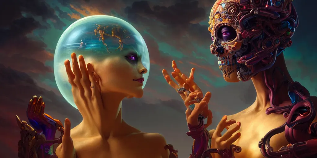 Prompt: the creation of adam, ultra detailed female android deity, scifi, octane render, ( dia de los muertos ), matte painting, asymmetrical, intricate concept art, triadic color scheme, art by artgerm and michelangelo and dzo and greg rutkowski and alphonse mucha and wlop