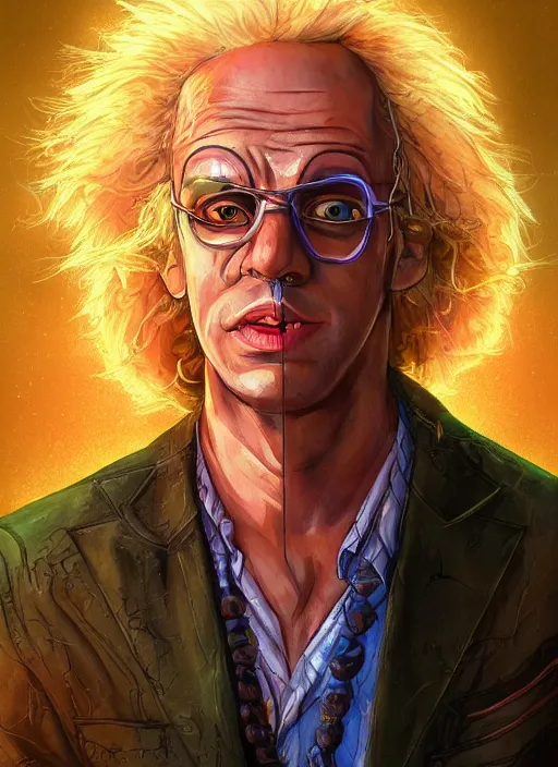 Prompt: formal portrait of doc brown. digital art by yoshitaka amano, pixiv, vibrant color scheme, intricately detailed, in the style of romanticism, cinematic, lighting background, artstation