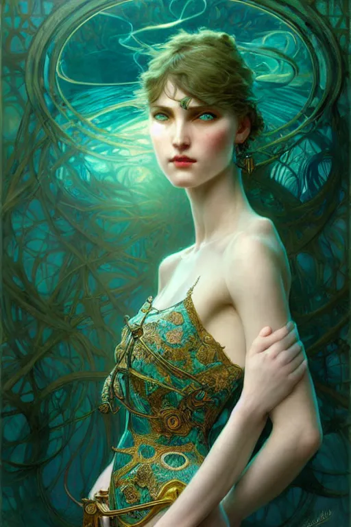 Image similar to pale teal, fantasy, intricate, elegant, dramatic lighting, emotionally evoking symbolic metaphor, highly detailed, lifelike, photorealistic, digital painting, artstation, concept art, smooth, sharp focus, illustration, art by John Collier and Albert Aublet and Krenz Cushart and Artem Demura and Alphonse Mucha