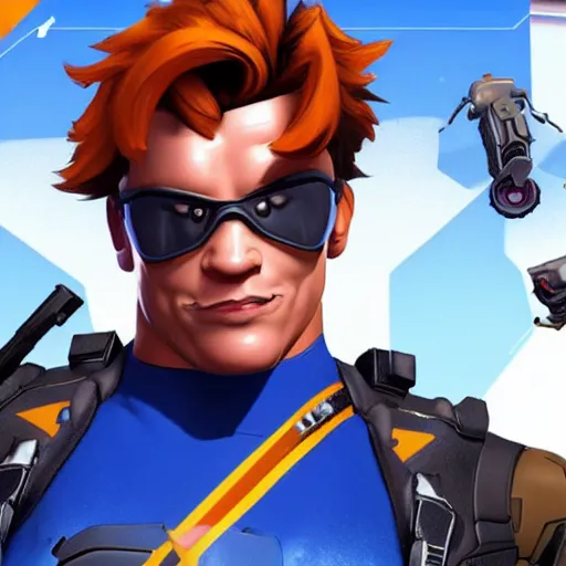 Image similar to a screenshot of arnold schwarzenegger as tracer in overwatch