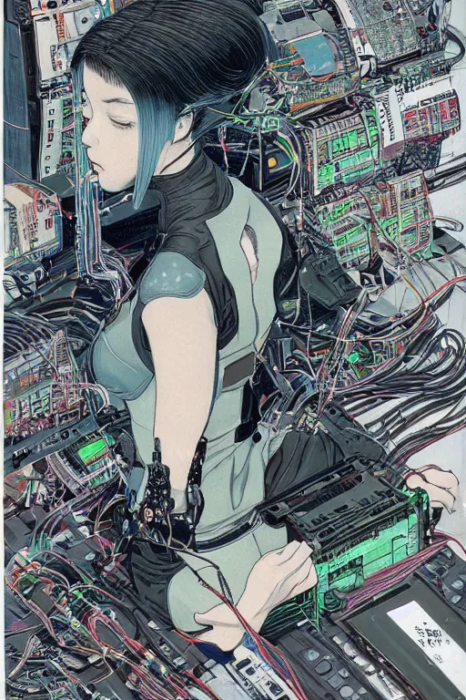 Prompt: an hyper-detailed cyberpunk illustration of a female android seated on the floor in a tech labor, bob haircut, seen from the side with her body open showing cables and wires coming out, by masamune shirow, and katsuhiro otomo, japan, 1980s, centered, colorful