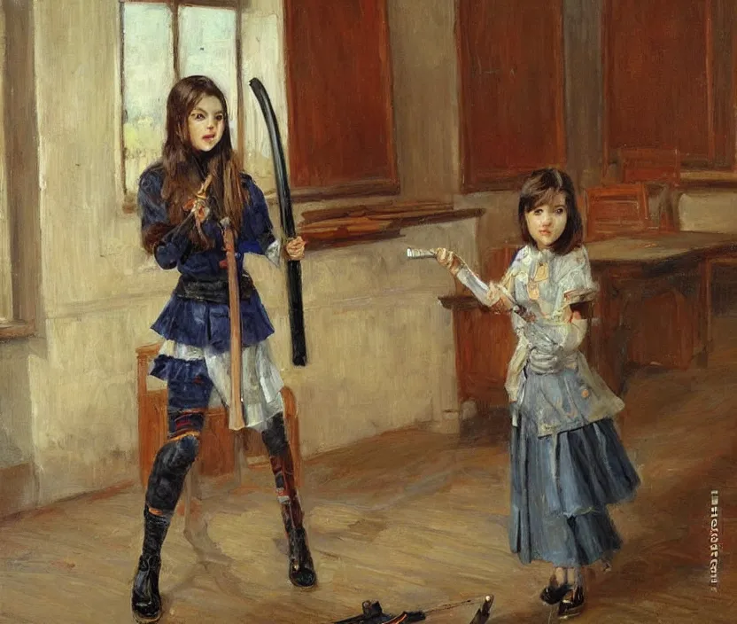 Prompt: School girl holding a katana and standing on an abandoned classroom , by Konstantin Razumov, horror scene, highly detailded