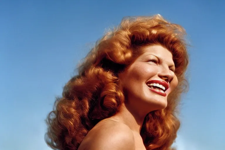 Image similar to natural 8 k close up shot of rita hayworth with freckles, natural skin and beauty spots in a 2 0 0 5 romantic comedy by sam mendes. she stands and looks on the horizon with winds moving her hair. fuzzy blue sky in the background. no make - up, no lipstick, small details, wrinkles, natural lighting, 8 5 mm lenses, sharp focus