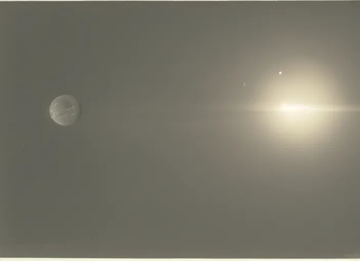Prompt: Space ship descending towards silver skyscraper on a moon with a planet in the sky, albumen silver print by Timothy H. O'Sullivan.
