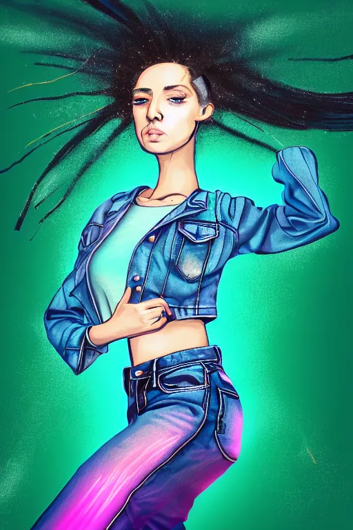 Prompt: a award winning half body portrait of a beautiful woman with stunning eyes in a croptop denim jacket and cargo pants with ombre green teal hairstyle head in motion and hair flying while dancing by thomas danthony, surrounded by whirling illuminated lines, outrun, vaporware, shaded flat illustration, digital art, trending on artstation, highly detailed, fine detail, intricate