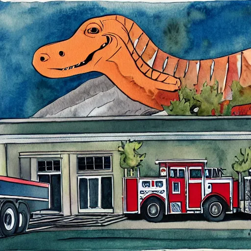 Prompt: dinosaurs at a fire station, watercolor illustration