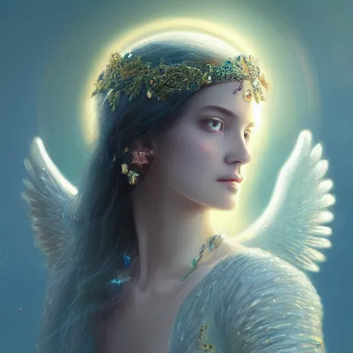 Image similar to A beautiful digital painting of a female angel full of jewels, princess, the moon behind her, intricate, cinematic lighting, highly detailed, digital painting, Artstation, concept art, smooth, sharp focus, illustration, art by Tom Bagshaw, Artgerm and Greg Rutkowski