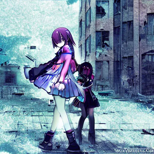 Image similar to vocaloid in abandoned city, dark, despair, loneliness