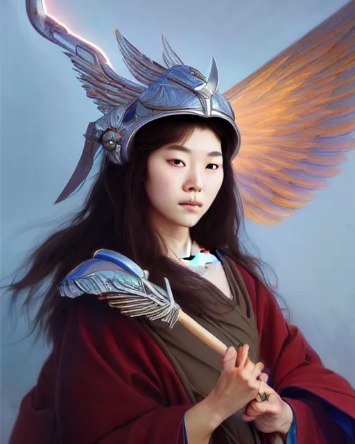 Image similar to Close-up portrait of korean girl wearing a winged helmet and a robe, holding a magic staff, portrait, highly detailed, digital painting, artstation, concept art, sharp focus, illustration, art by artgerm and greg rutkowski and alphonse mucha