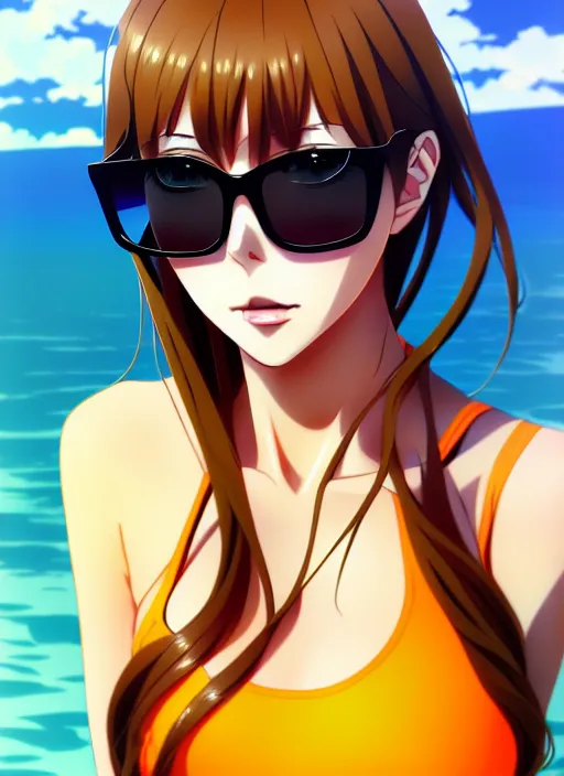 prompthunt: anime portrait of a handsome woman, brown hair, yellow - orange  eyes, wearing sunglasses and two - piece swimsuit, ilya kuvshinov, anime,  pixiv top monthly, trending on artstation, cinematic, danbooru, zerochan