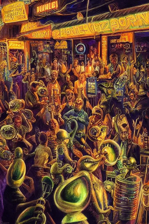 Image similar to Alien rodents from another planet visit a jazz nightclub in Harlem in 1946, an epic painting, volumetric lighting, intricate, elegant, highly detailed, digital painting, artstation, concept art, smooth, sharp focus, art by Mort Kunstler