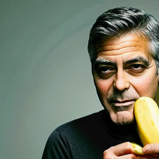 Prompt: george clooney eating a banana, hyper realistic press photo