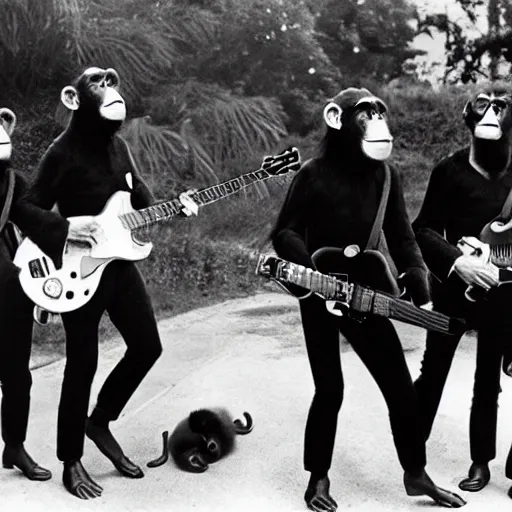 Image similar to the beatles as chimpanzees, photo, high detail