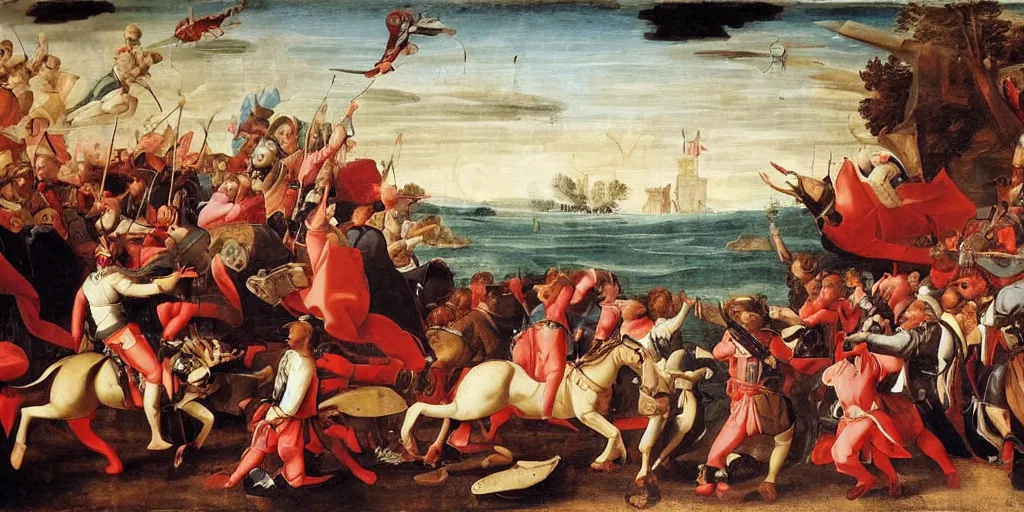 Prompt: renaissance-style painting of knights riding orcas instead of horses on a battlefield in Italy, very dramatic atmosphere,