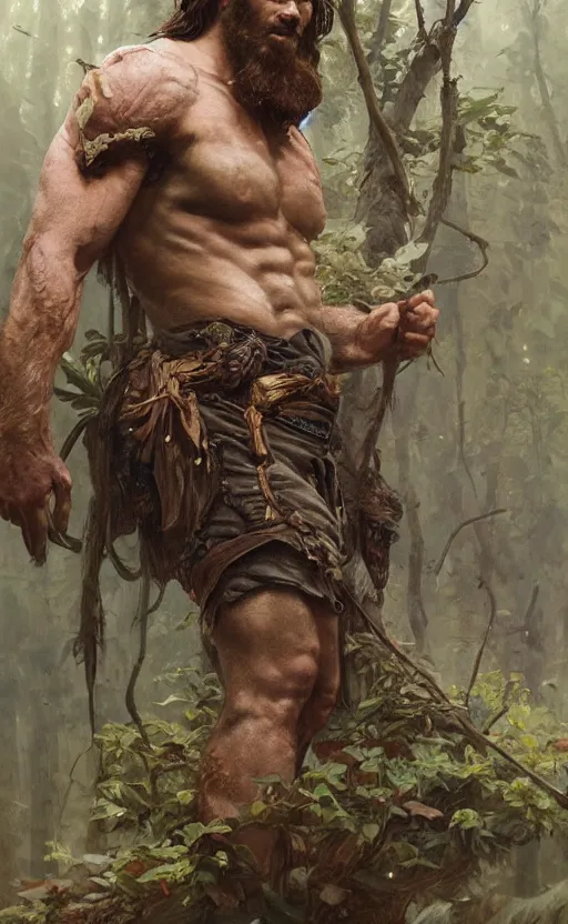 Image similar to god of the forest, 3 0 years old, rugged, handsome, male, detailed face, clean lines, atmospheric lighting, amazing, full body, flowers, muscular, intricate, highly detailed, digital painting, artstation, concept art, sharp focus, illustration, art by greg rutkowski and alphonse mucha