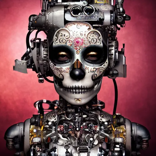 Image similar to a beautiful intricate fine art portrait photo of a a mechanical industrial steampunk cybernetic robot with sugar skull makeup, by tom bagshaw and zach sutton, roses surrounding the robot, perfection!, milk bath photography, studio lighting, 35mm lens, very detailed, bionic, cybernetic scifi, deep depth of field, artstation, 8K, highly coherent