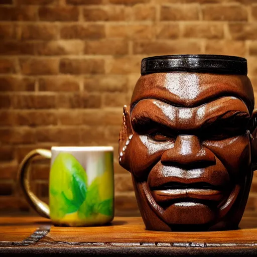 Image similar to a photorealistic photograph of a Trader Vic's Tiki Mug featuring Mike Tyson boxing at bar Trending on Artstation, featured on Behance, well-rendered, Unreal Engine, 4K HD