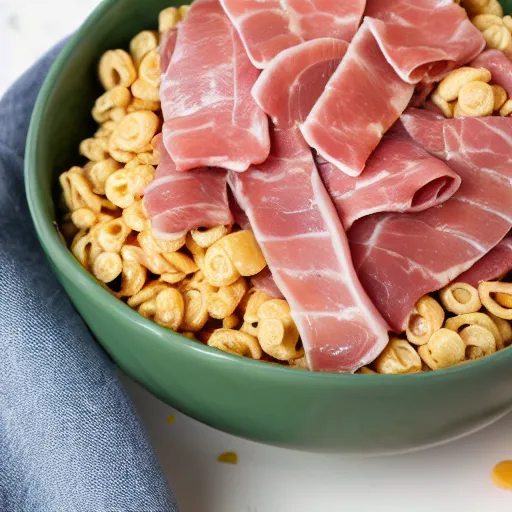 Prompt: a bowl of cereal with ham in it