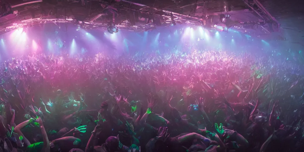 Image similar to rave party moshpit underwater, ethereal atmosphere, realistic digital art 4 k, high quality, greg rutkowski, zabrocki, karlkka, jayison devadas, phuoc quan, trending on artstation, 8 k, ultra wide angle, zenith view, pincushion lens effect