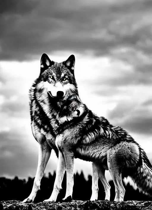 Image similar to two wolves black and white portrait white sky in background