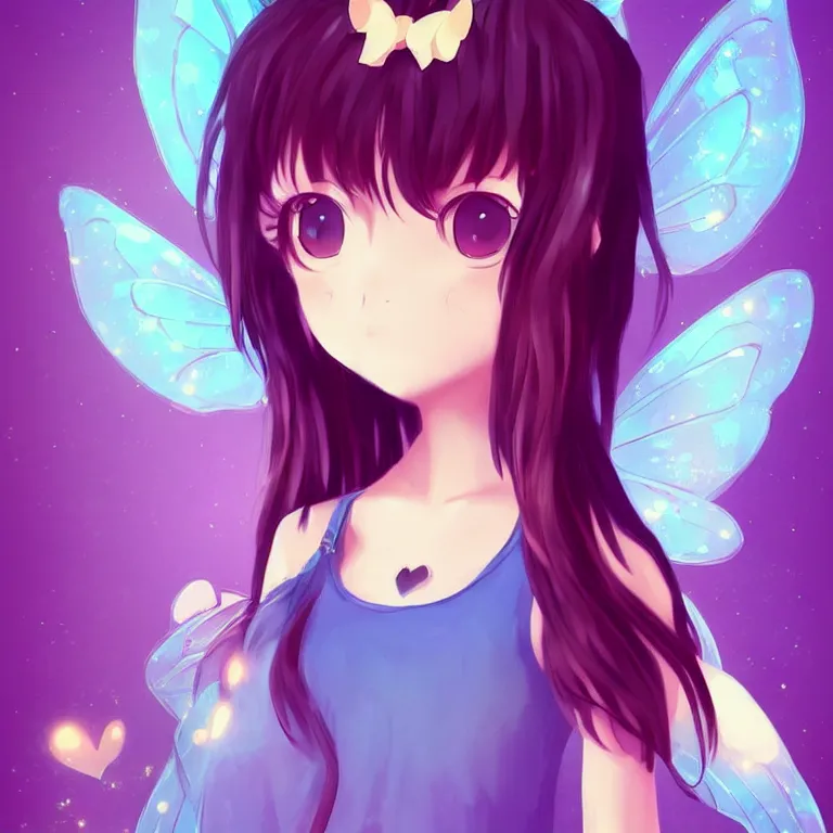 Image similar to cute, full body, female, anime style, a cat girl with fairy wings, large eyes, beautiful lighting, sharp focus, simple background, creative, heart effects, filters applied, illustration, trending on artstation