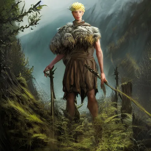 Prompt: blonde boy fantasy thief, realistic, ultra detailed, menacing, powerful, dark, shallow focus, forest, mountains in the background concept art design as if designed by Wētā Workshop