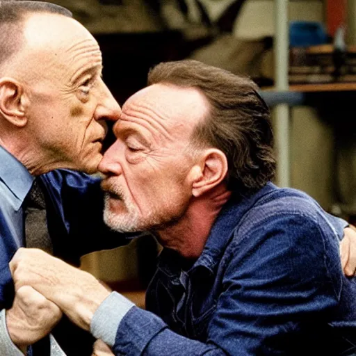 Image similar to jonathan banks kissing bryan cranston, movie still