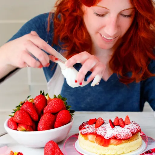 Prompt: painting of redhead boyfriend making strawberry shortcake topped with whipped cream