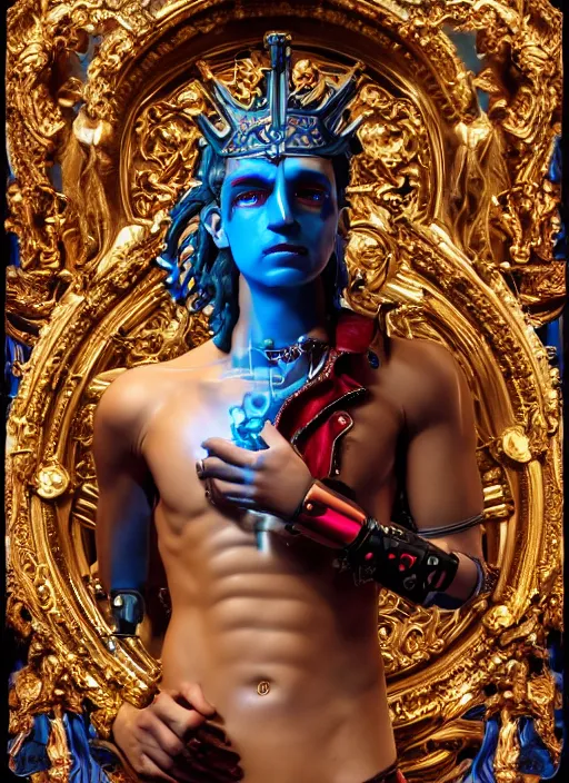 Image similar to baroque and cyberpunk style full-body sculpture of a young seductive Hispanic prince half android with a chest exposing a glowing ruby battery, glowing pink seductive laser eyes, crown of blue gears and diamonds, swirling salmon-colored silk fabric, robotic raptors dinosaurs. baroque elements. full-length view. intricate artwork by caravaggio. art by Artgerm and Greg Rutkowski and Alphonse Mucha, Trending on artstation, cinematic industrial lighting, photorealistic, octane render, 8k, depth of field, 3D