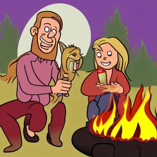 Image similar to cartoon image of hillbilly with long blonde hair at a bonfire with his australian shepherd