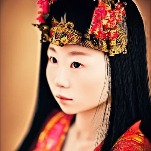 Image similar to A female maiden ancient asian tribal princess, (EOS 5DS R, ISO100, f/8, 1/125, 84mm, postprocessed, crisp face, facial features)