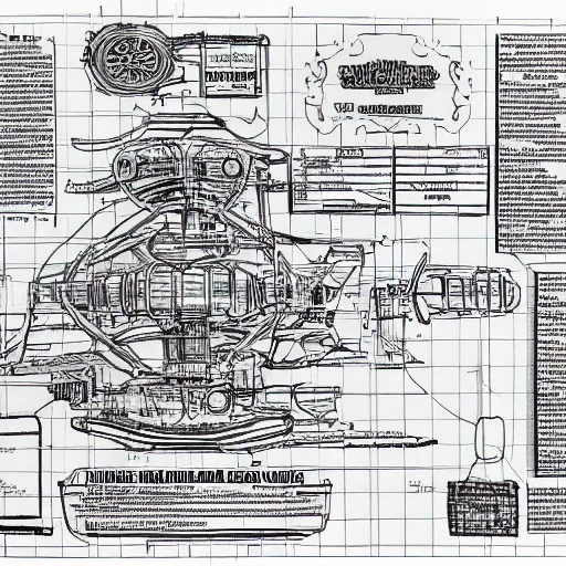 Image similar to a very detailed scheme blueprint of the time machine